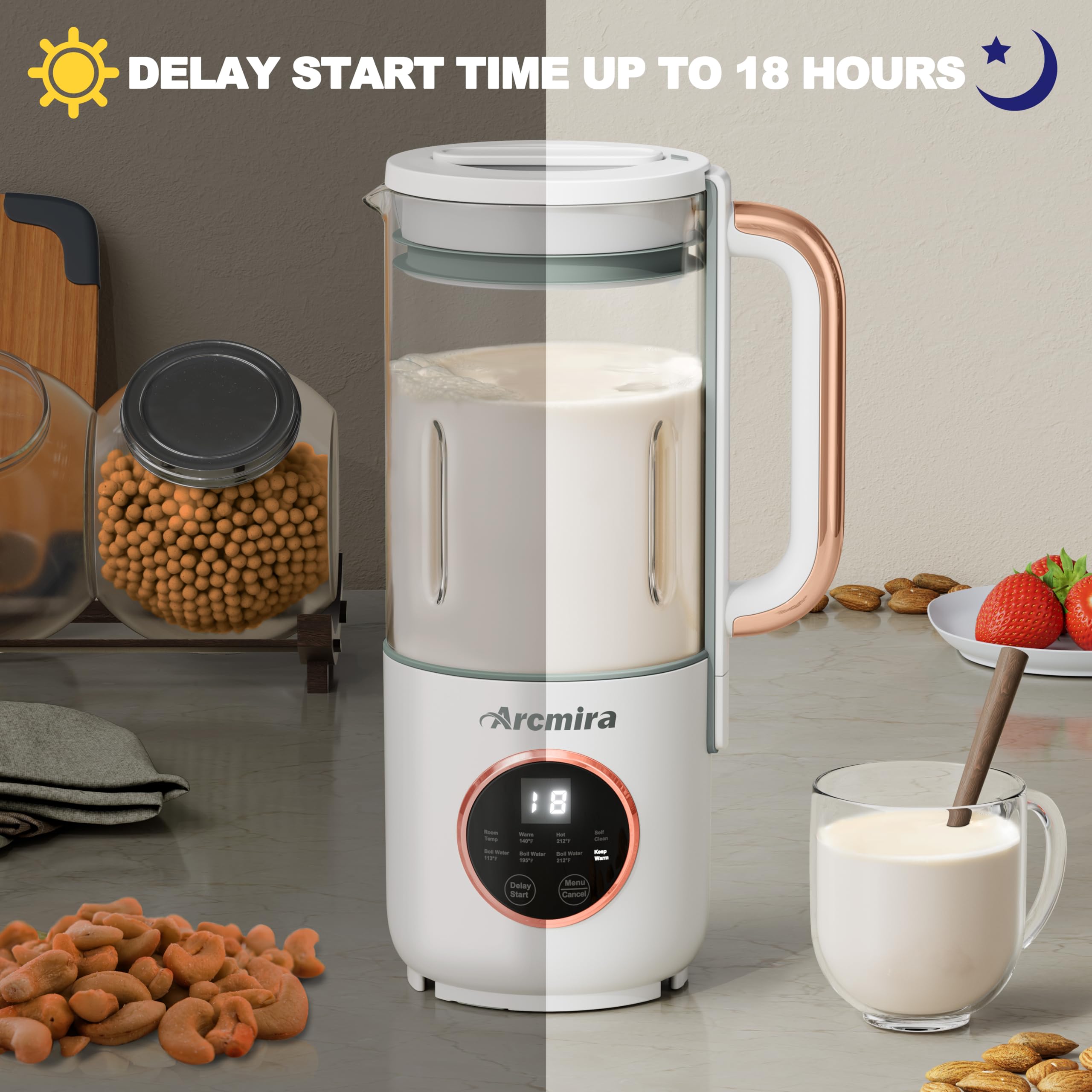Automatic Nut Milk Maker Machine - 35oz (1000ml) for Homemade Almond, Oat, Soy & Dairy-Free Plant-Based Milk - with Delay Start, Keep Warm & Boil Water Functions - Includes Nut Milk Bag - Perfect for Vegan, Keto & Healthy Lifestyle Breakfasts