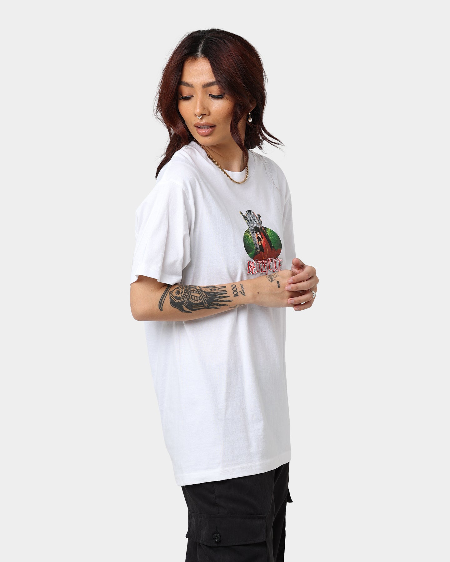 American Thrift X Beetlejuice Lydia Graphic T-Shirt - White Cotton Tee for Movie Fans & Halloween Costumes