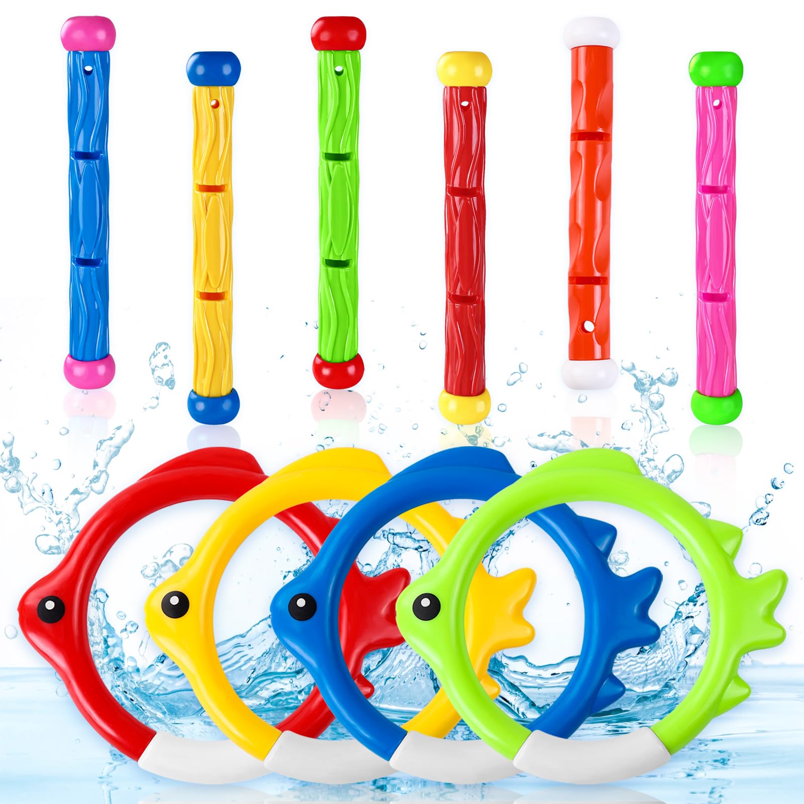 10PCS Colorful Dive Rings & Sticks - Kids Pool Toys for Swimming Training & Games