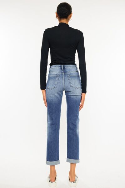 Kancan Women's High Waist Distressed Hem Cropped Straight Jeans - Trendy Denim Pants for Casual Outfits, Street Style & Everyday Wear