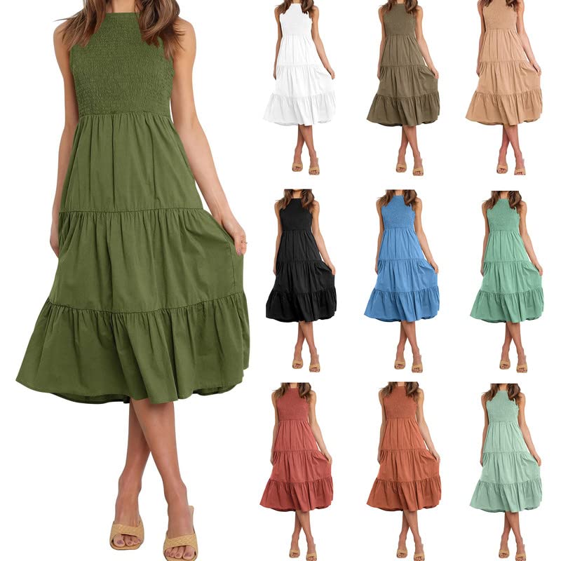Ryhoow Women's Summer Sleeveless Midi Dress - Crew Neck, Elastic Waist, Tiered Flowy Beach Dress with Pockets | Perfect for Vacation, Pool Party & Casual Outings