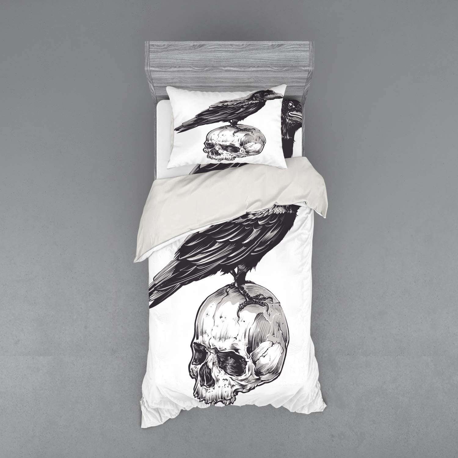 Ambesonne Scary Bedding Set - Crow on Human Skull Sketch Design, 3-Piece Duvet Cover with Pillow Sham & Fitted Sheet, Twin Size, Charcoal Grey & White | Horror Movie Theme Bedroom Decor for Halloween & Gothic Style Rooms