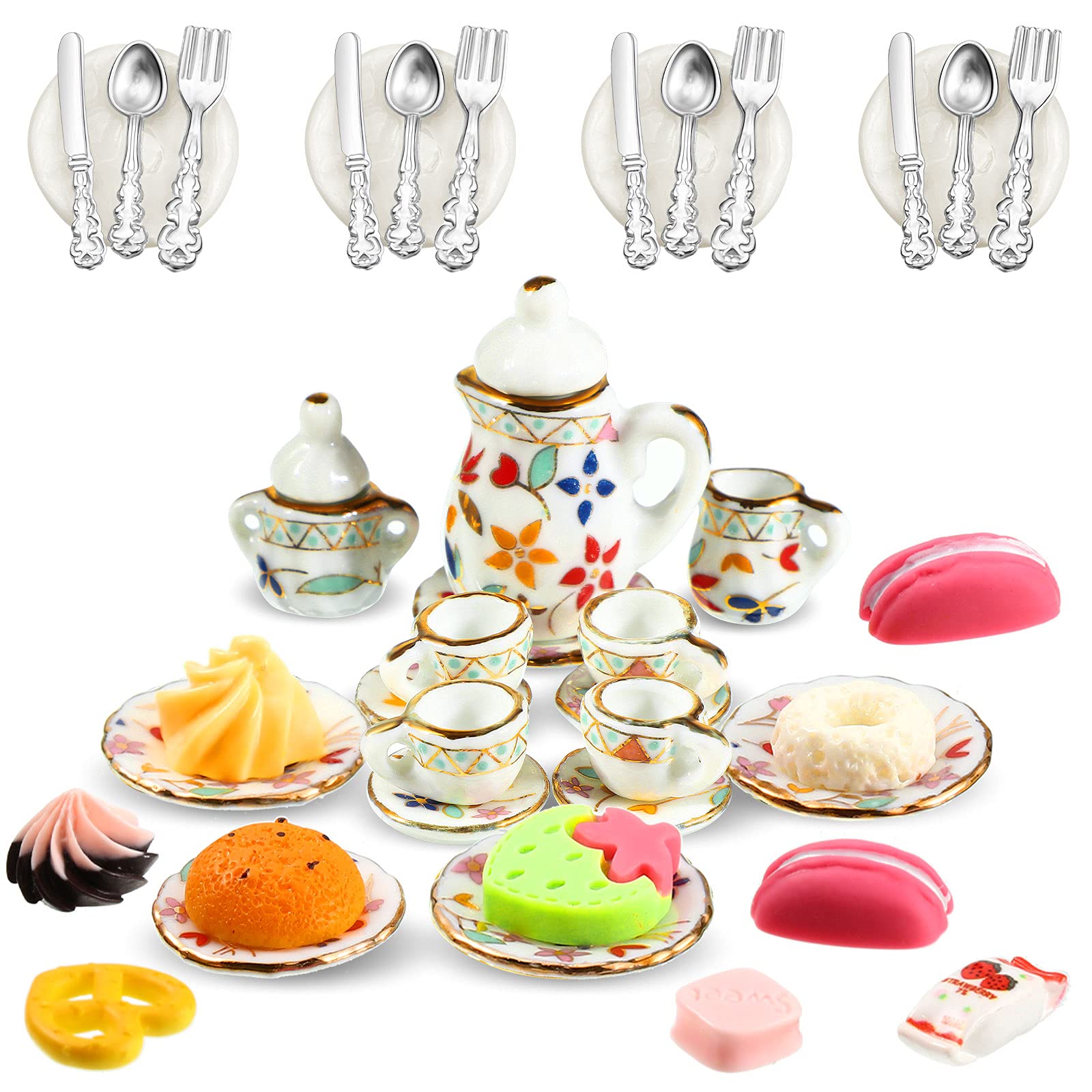 1:12 Scale Miniature Dollhouse Kitchen Accessories Set - 41 Pieces Including 15 Porcelain Tea Cups, 16 Mini Plates with Knives & Forks, 10 Decorative Dessert Cakes - Perfect for Dollhouse Decor, Tea Party Scenes, and Miniature Cooking Display (Chic Style)