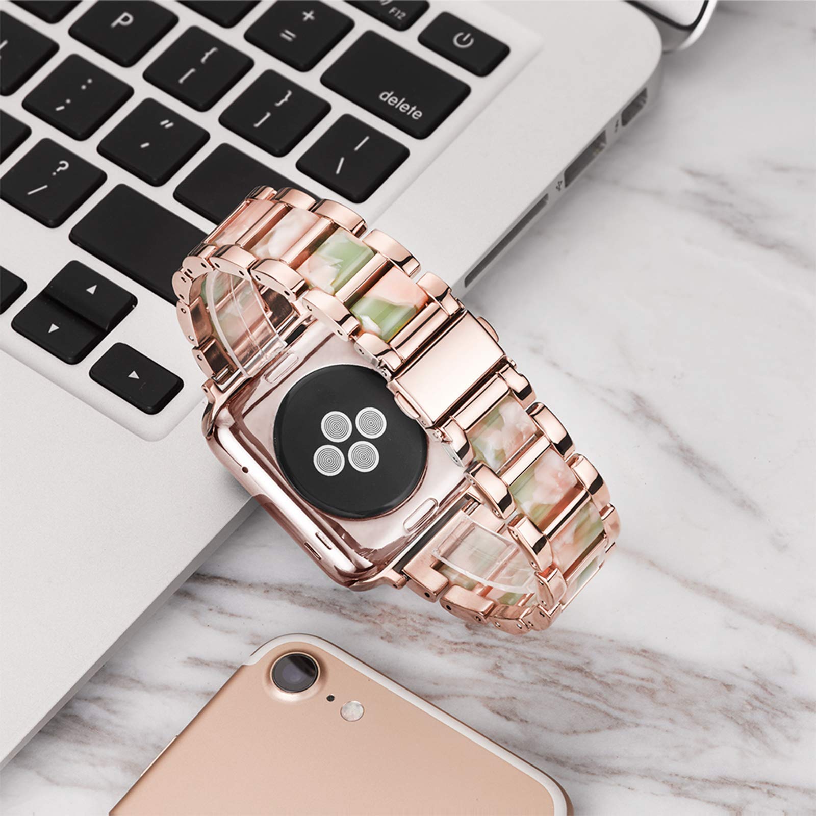 Luxury Resin & Stainless Steel Apple Watch Band for Women - Comfortable, Lightweight iWatch Strap Compatible with Series 9/8/7/SE/6/5/4/3/2/1 (Rose-Pink Green, 38mm/40mm/41mm) - Perfect for Workouts, Office & Everyday Fashion