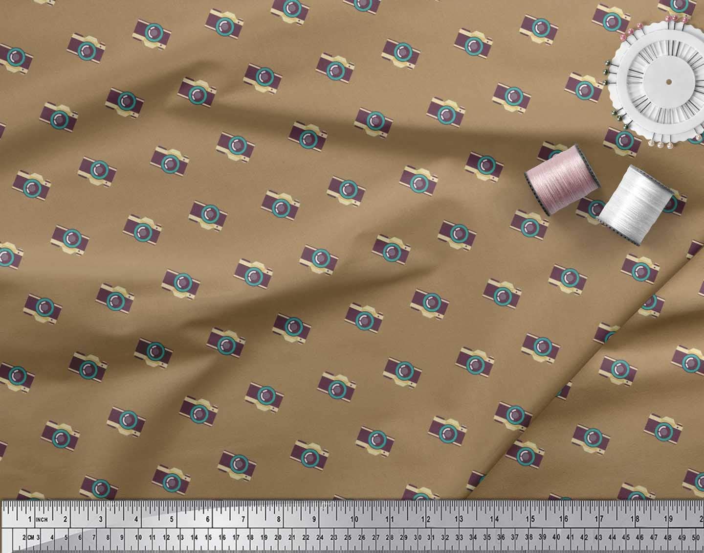 Soimoi Rayon Brown Fabric by The Yard - 56 Inch Wide Camera Print Shirting for Photography Enthusiasts - Travel-Themed Dressmaking Material for DIY Shirts, Skirts & Camera Bags - Perfect for Photographers & Travel Lovers