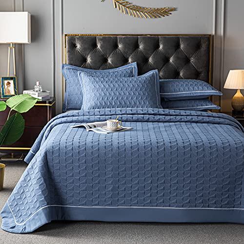 Luxury 3-Piece Queen/Full Size Quilt Set - 100% Cotton Reversible Coverlet Bedding with 2 Pillow Shams | All-Season Lightweight Bedspread in Solid Blue | Perfect for Master Bedroom, Guest Room & Dorm Decor