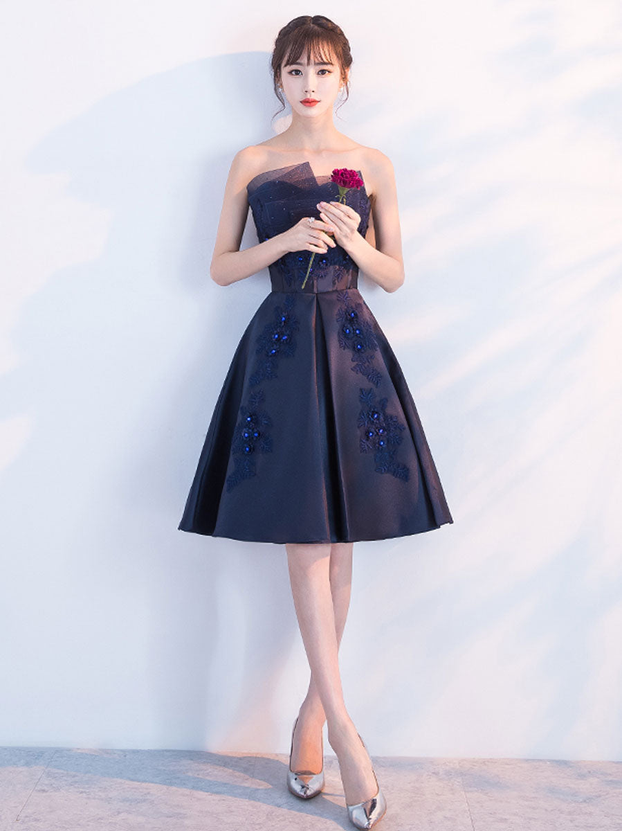 Elegant Blue Satin Lace Short Prom Dress | Homecoming Party Gown | Perfect for Formal Dances, Quinceañeras & Special Occasions