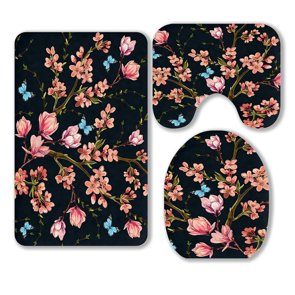 3-Piece Tropical Butterflies & Japanese Magnolia Bathroom Rug Set - Non-Slip Bath Mat, Contour Rug & Toilet Lid Cover - Soft & Absorbent for Bathroom Decor (Butterfly Floral Design)