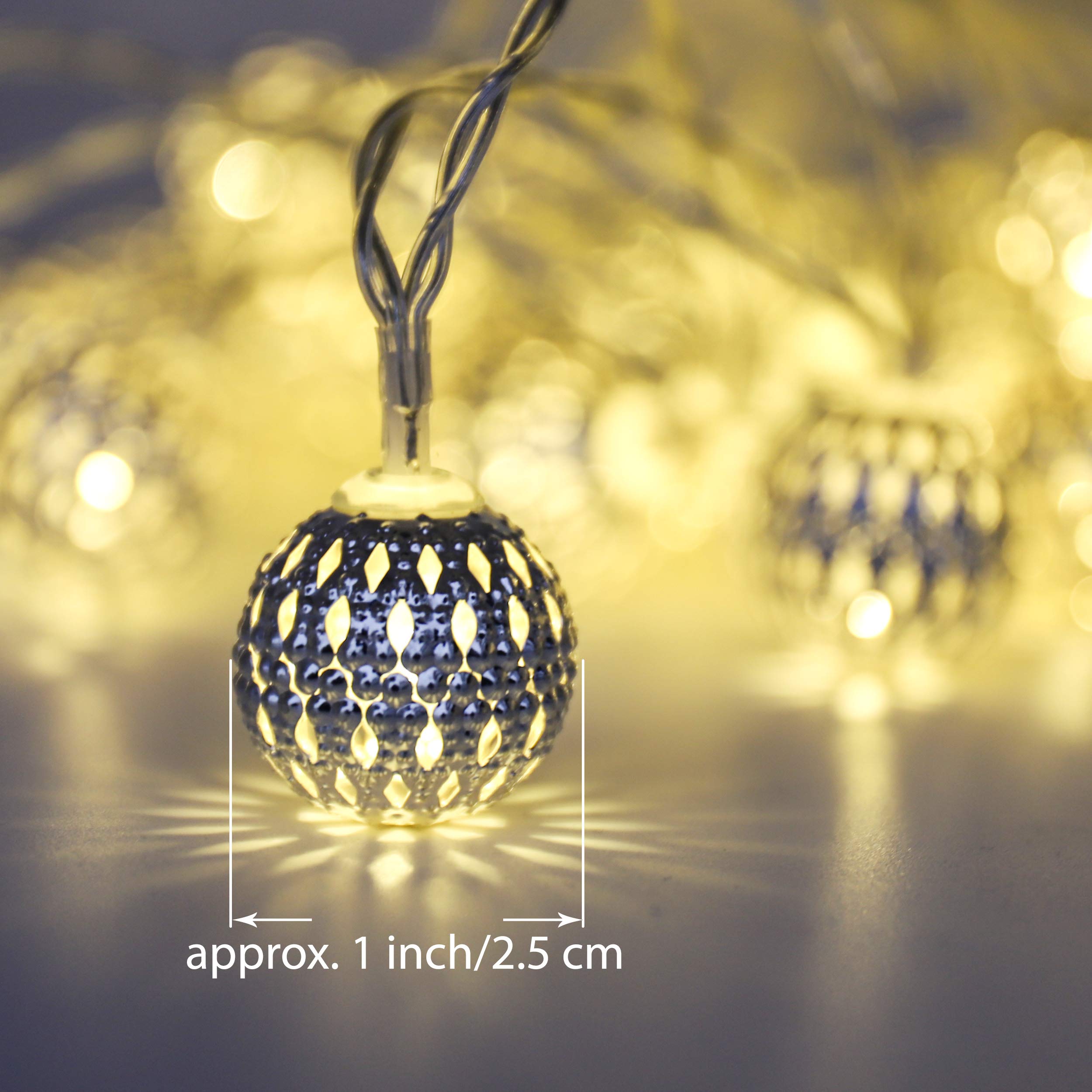 Battery Powered Moroccan String Lights - 40 Silver LED Globe Lights with Timer, Warm White for Wedding, Party, Holiday & Home Decor | 16 ft Auto On/Off | Perfect for Christmas, Birthday & Outdoor Events