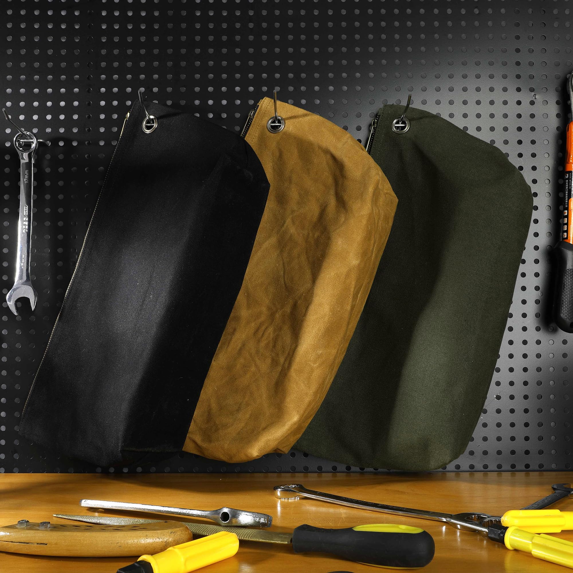 Durable 16OZ Waxed Canvas Tool Pouch Set - Standable One-Piece Tool Organizer with Brass Zipper & Grommet - Large 15.5