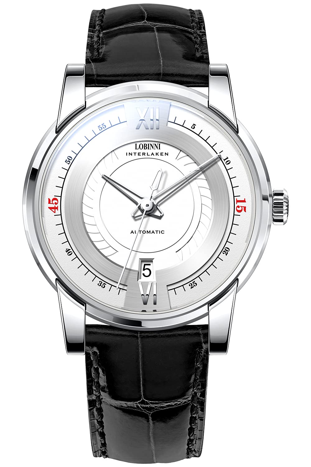LOBINNI Men's Stainless Steel Chronograph Watch with Date Display, Genuine Leather Band, 50M Waterproof - Perfect for Business, Casual Wear & Outdoor Activities