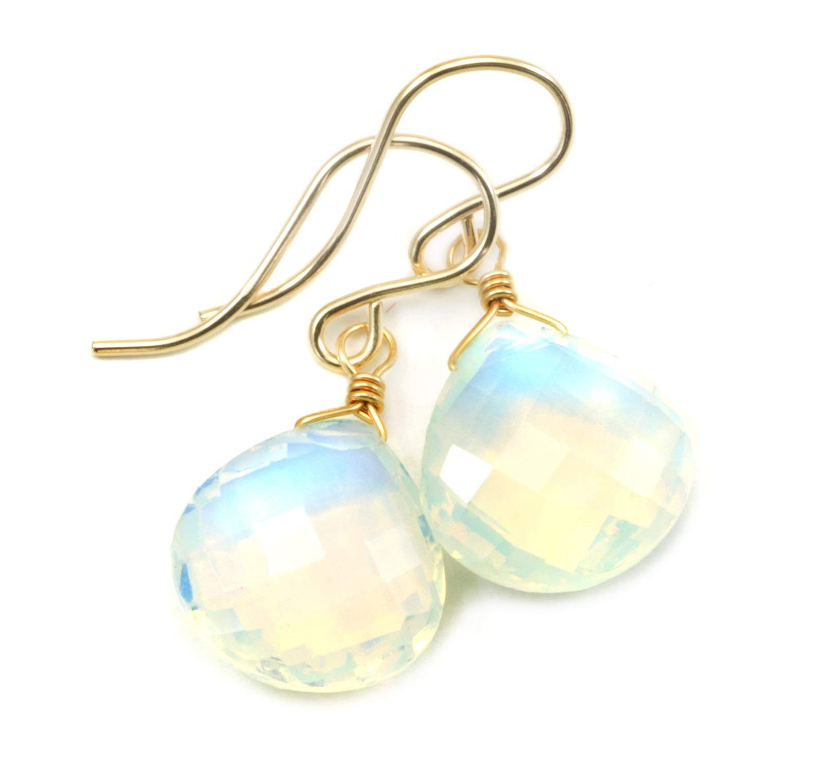 Opalite Simulated Opal Earrings - Faceted Heart Iridescent White Rainbow Colors - Simple Briolettes Dangle Earrings for Women - Perfect for Weddings, Parties & Everyday Wear