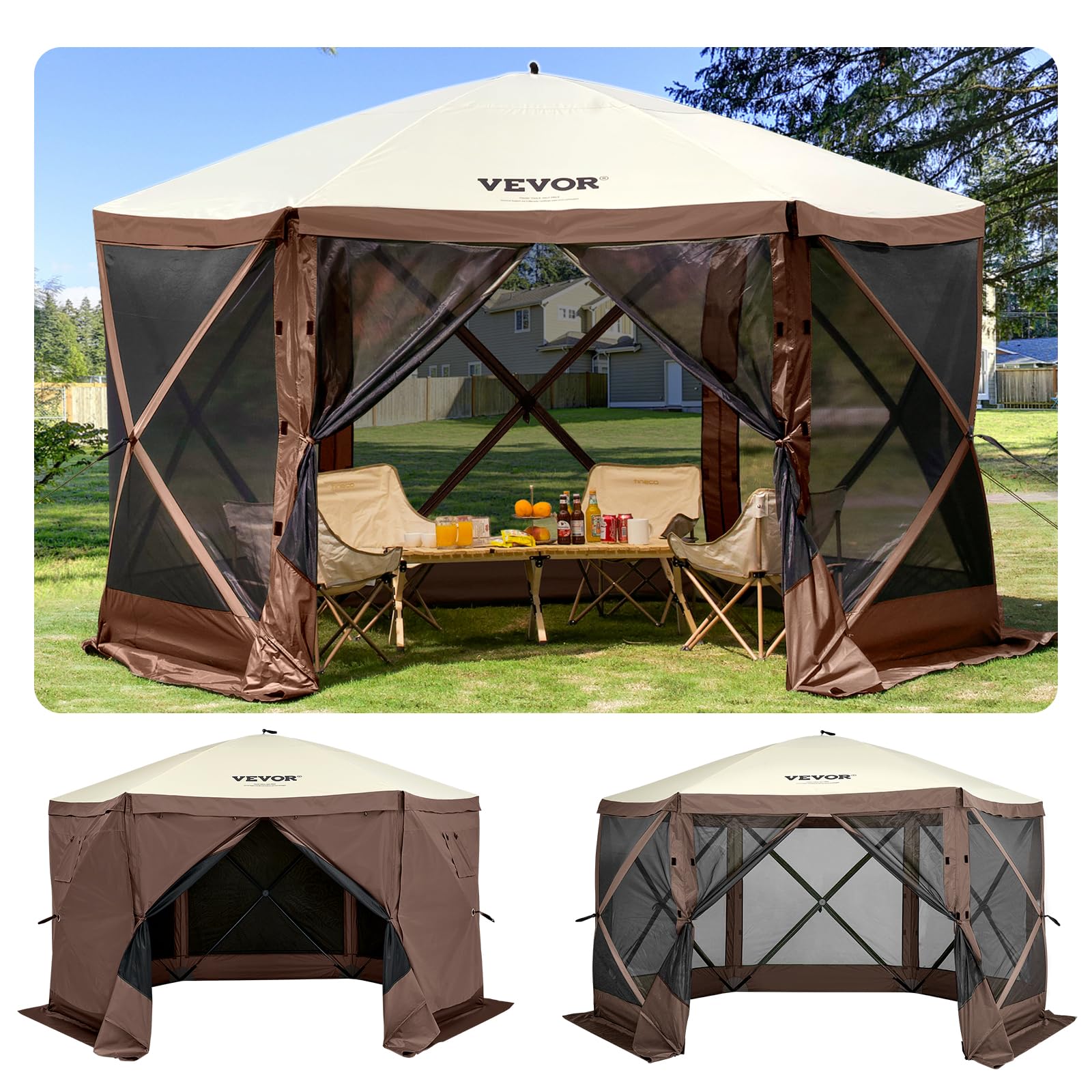 VEVOR 12x12ft 6-Sided Pop Up Canopy Tent with Mesh Windows & Carry Bag - Portable Outdoor Shade Shelter for Camping, Beach, Backyard, Picnics, Parties (Brown/Beige) - Includes Stakes & Windproof Design