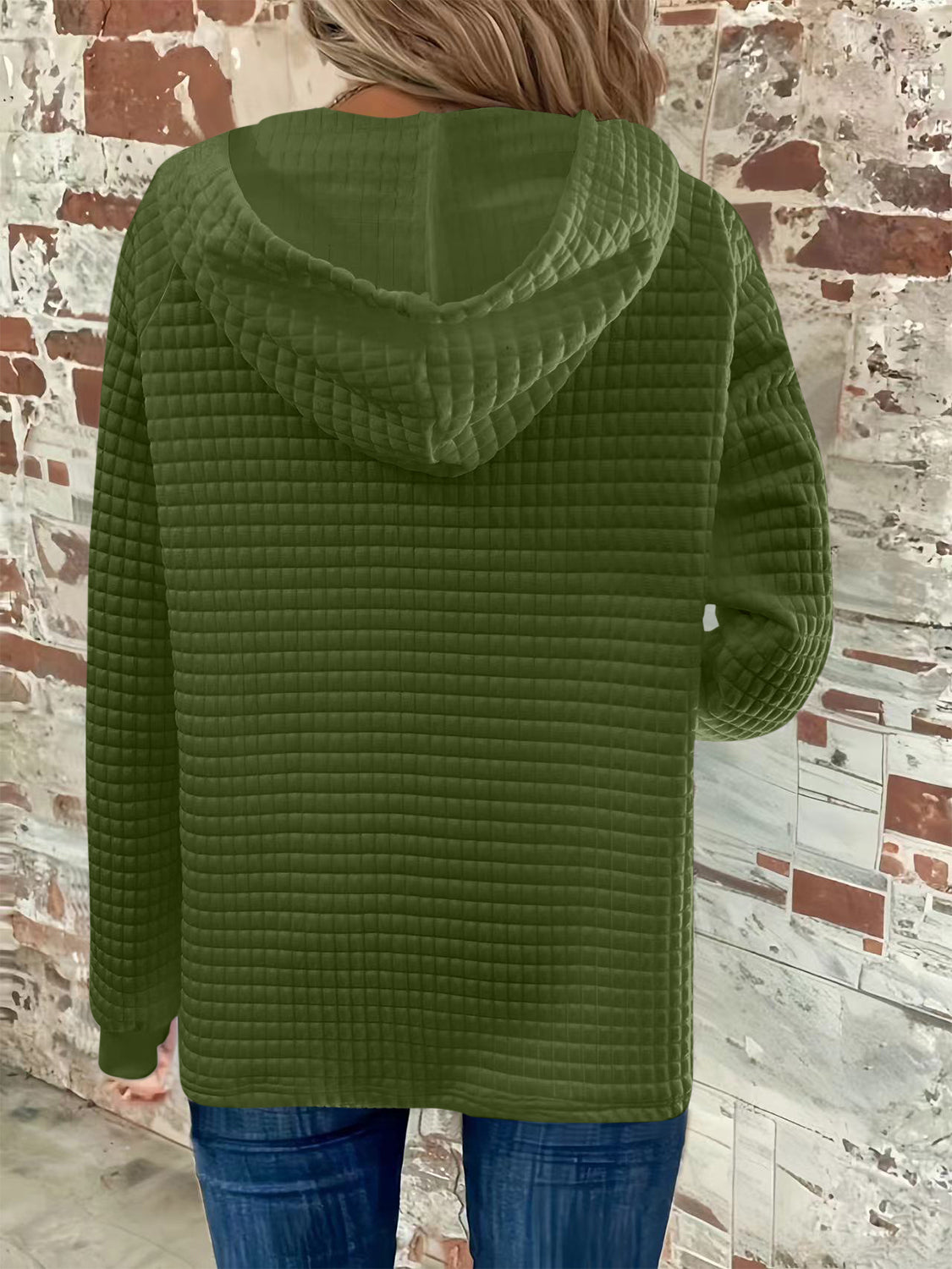 Full Size Textured Button Detail Drawstring Long Sleeve Hoodie for Men & Women - Cozy Casual Wear for Fall Winter Outdoor Activities
