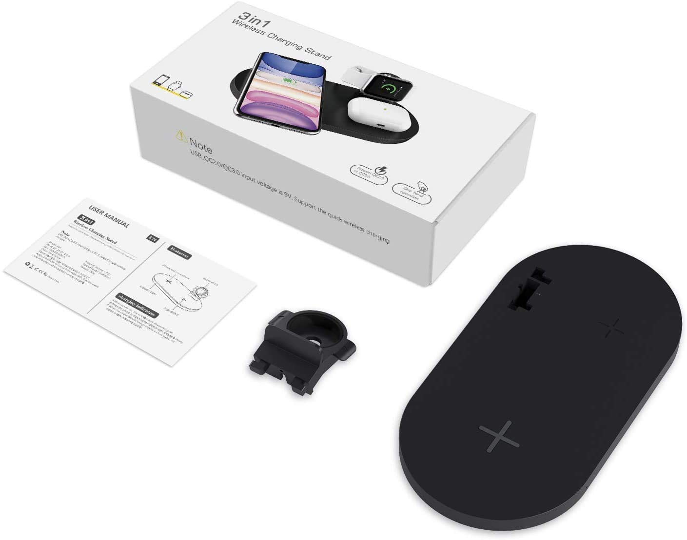 Seacosmo 3-in-1 Qi Certified Fast Wireless Charging Station - Compatible with iPhone 15/14/13, Samsung Galaxy S23/S22, AirPods 2/3 & Apple Watch (Cable Not Included) - Black | Bedside Nightstand Charger for Home & Office