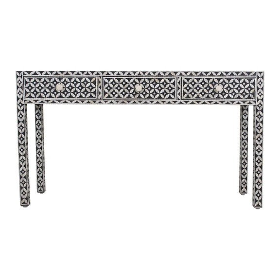 Handmade Bone Inlay Geometric Console Table - Black Wooden Entryway Sofa Table for Living Room, Hallway & Foyer Decor