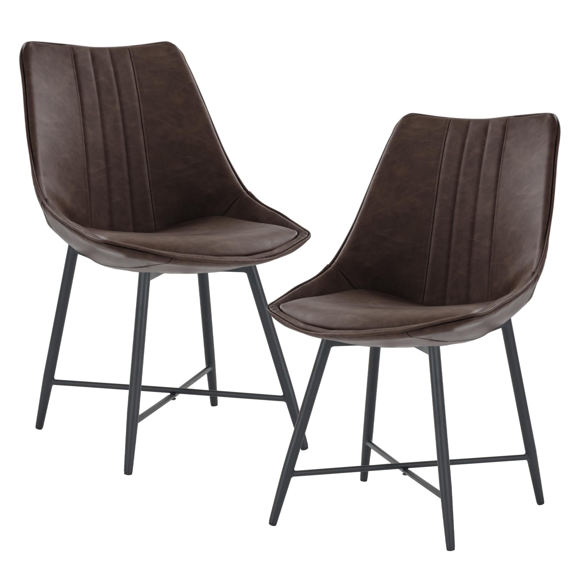 MOJAY Set of 2 Brown Faux Leather Dining Chairs - Modern Armless Upholstered Side Chairs with Sturdy Metal Legs for Dining Room, Kitchen, Bedroom & Vanity - Perfect for Small Spaces, Breakfast Nooks & Home Offices