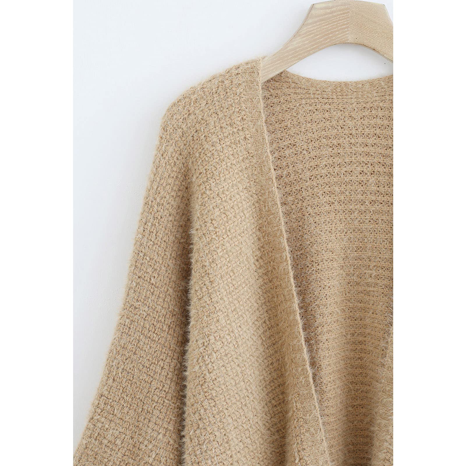 Chicwish Women's Oversized Fuzzy Waffle Knit Cardigan - Long Lantern Sleeve Open Front Sweater in Tan, Pink & Blue | Cozy Fall & Winter Layering Piece for Casual Outfits, Office Wear & Coffee Dates