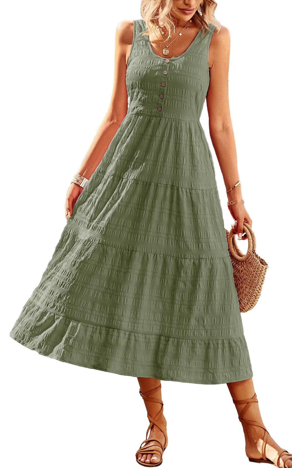 Women's Casual Summer Dress - Loose Sleeveless Tank Sundress with Smocked Tiered Flowy Midi Design & Pockets | Perfect for Beach, Vacation, and Everyday Wear