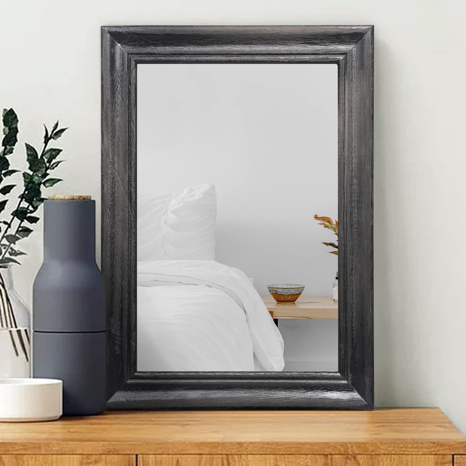 Rustic Black Wood Wall Mirror - Farmhouse Rectangular Hanging Mirror for Bathroom, Bedroom & Living Room Decor | Perfect for Farmhouse, Vintage & Modern Home Style