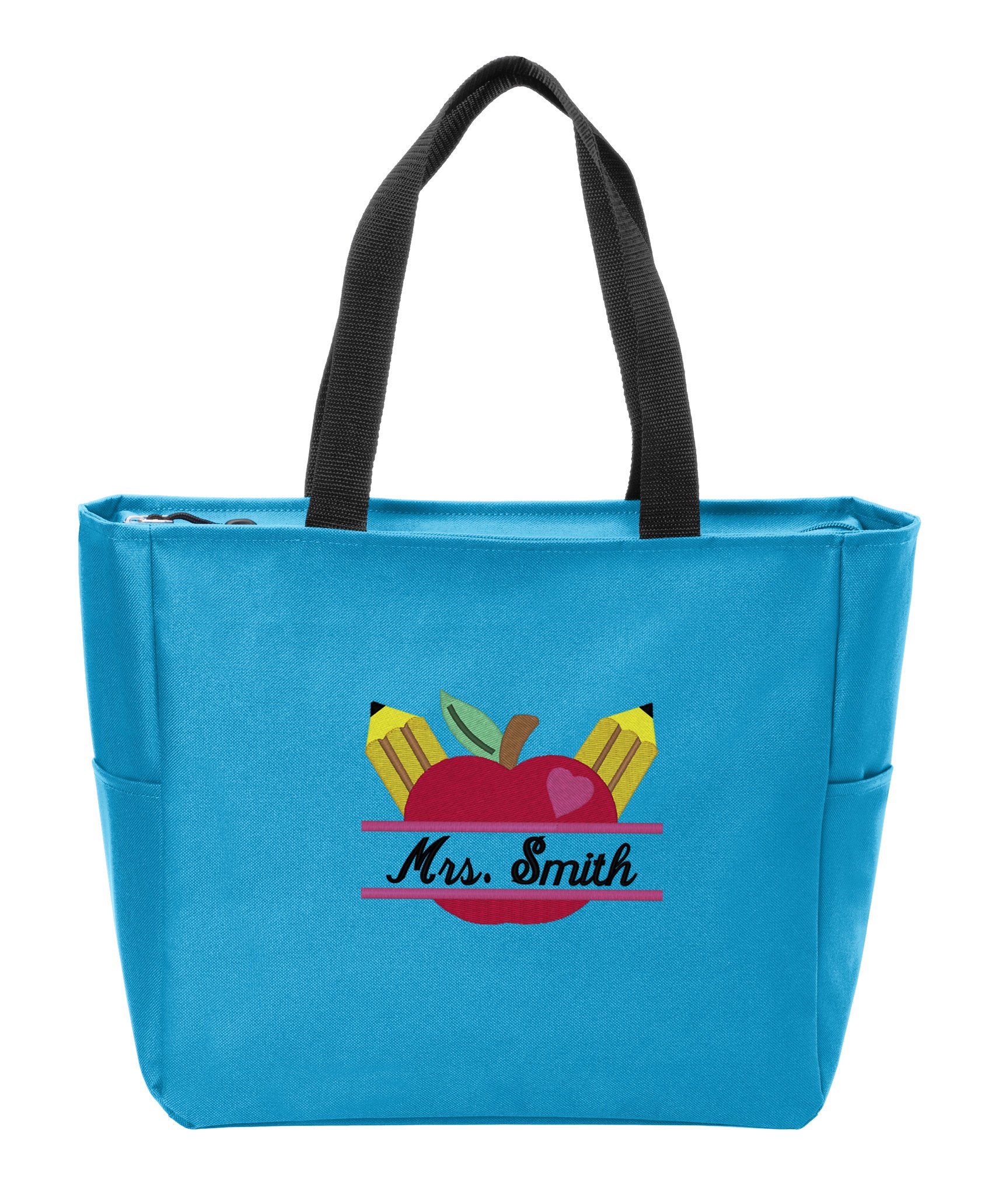 Personalized Canvas Tote Bag with Custom Teacher's Apple Monogram - Durable Shoulder Bag for School, Work, Travel & Shopping | Great Teacher Gift & Everyday Carry (Turquoise)