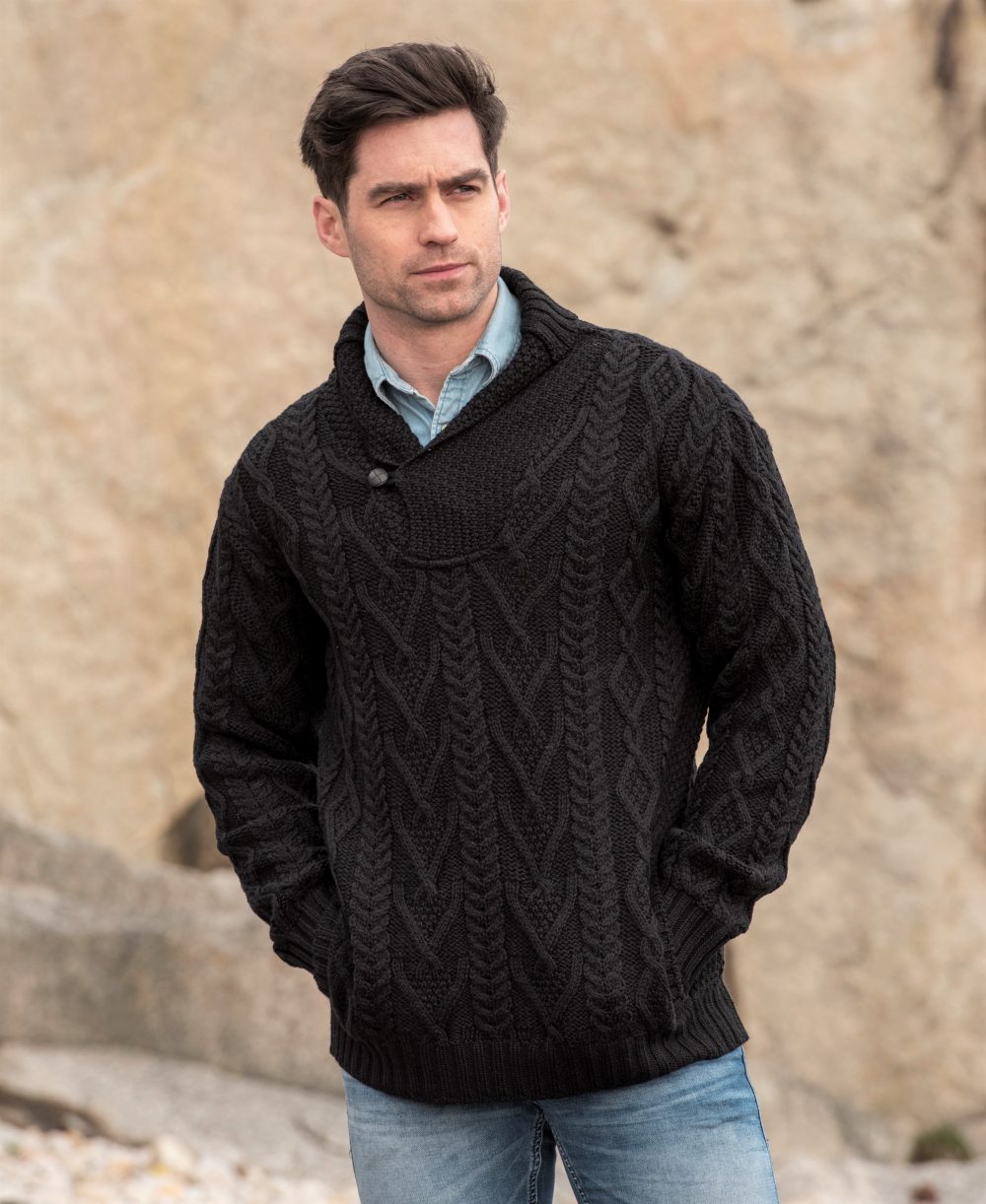 Warm Shawl Collar Aran Sweater for Men & Women | 100% Wool Cable Knit Pullover | 3 Color Options (Navy, Gray, Cream) | Perfect for Winter, Fall & Casual Outings