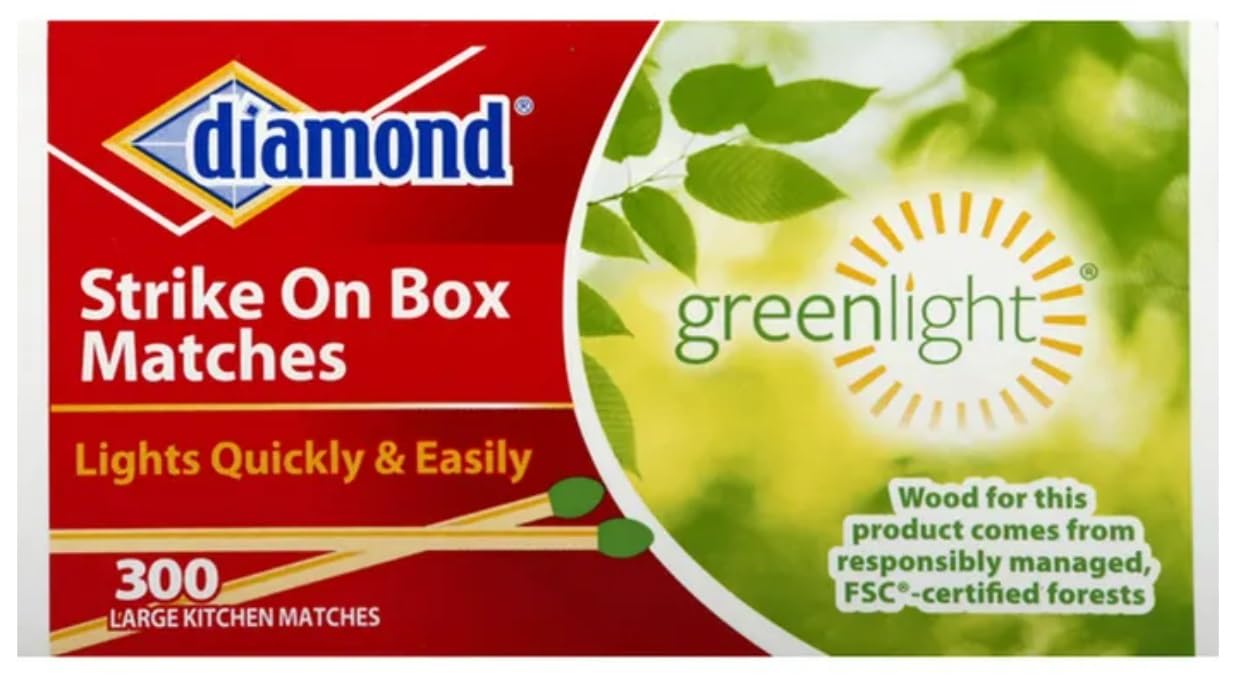 Premium Diamond Green Light Wooden Matches - Strike On Box, 300 Count (1 Pack) - Perfect for Fireplaces, Candles, Camping & Emergency Kits