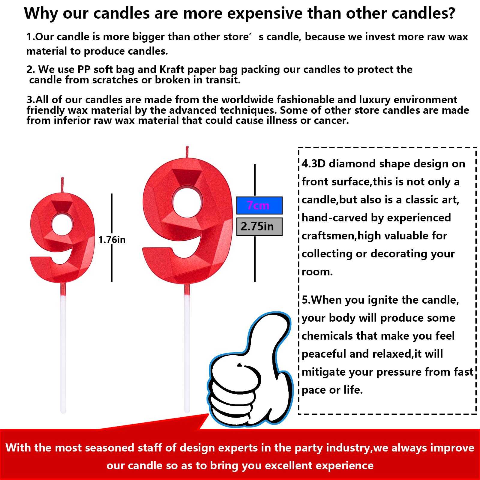 2.75 Inch Tall 3D Diamond Shaped Bright Red Number 9 Birthday Cake Candles - Premium Cake Topper for Adult & Kids Birthday Parties, Family Celebrations, Baking Decorations (Perfect for Cakes, Cupcakes, and Dessert Displays)