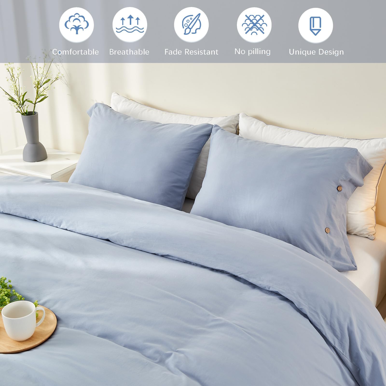 King Size Duvet Cover Set - 3 Piece Washed Cotton Blue Bedding with Zipper Closure | Breathable Linen-Like Texture | Perfect for Master Bedroom & Guest Room Decor