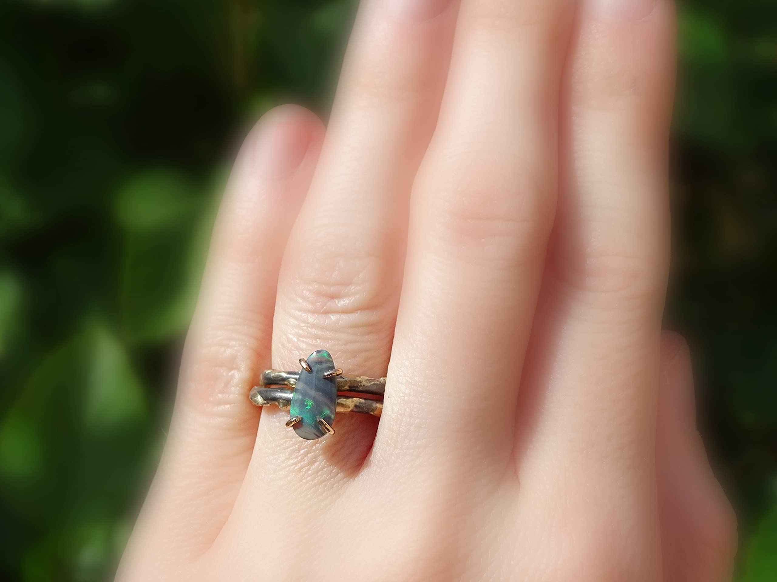 Black Opal Ring Gold & Silver, Opal Wedding Ring Set, Dainty Opal Viking Engagement Ring, Molten Opal Jewelry – Anniversary Gift for Her, Perfect for Weddings, Proposals & Special Occasions