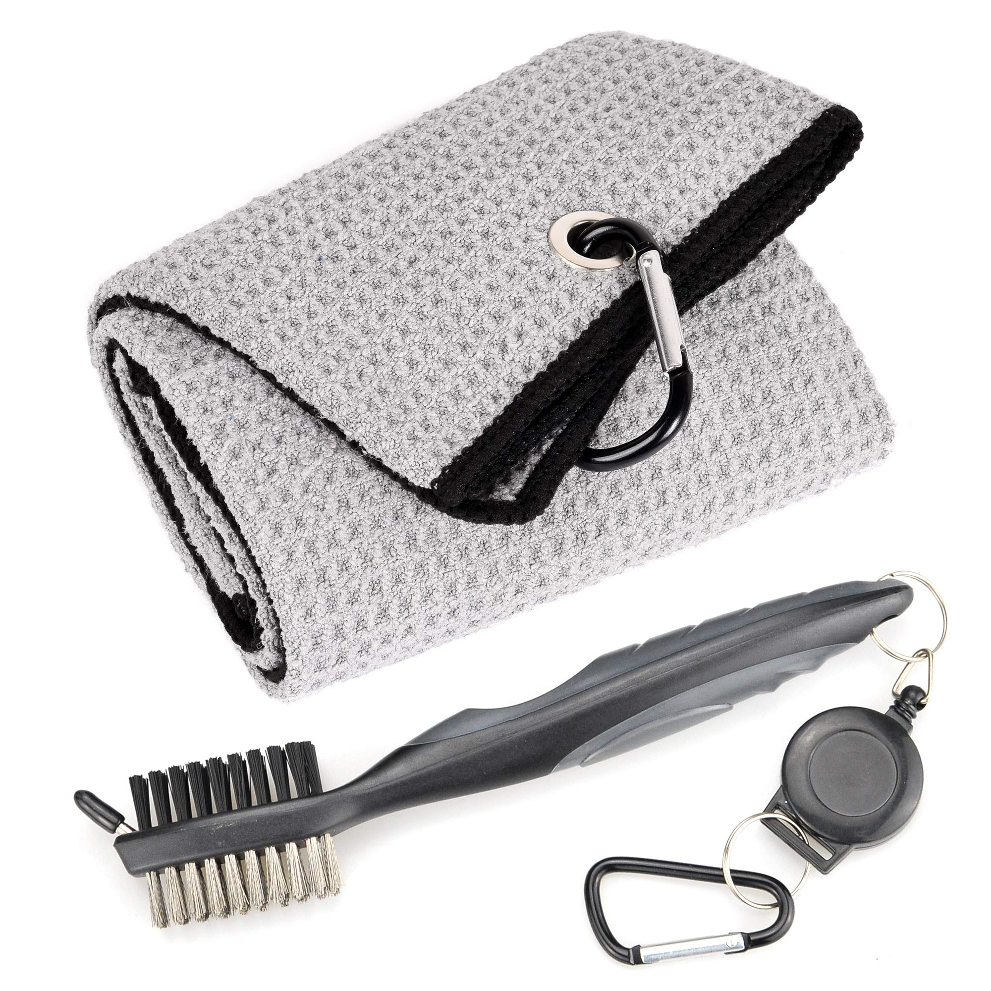 Premium Microfiber Waffle Pattern Golf Towel with Brush & Club Groove Cleaner - Tri-Fold Design, Retractable Clip & Extension Cord | Ideal for Golfers, Sports Enthusiasts & Outdoor Activities