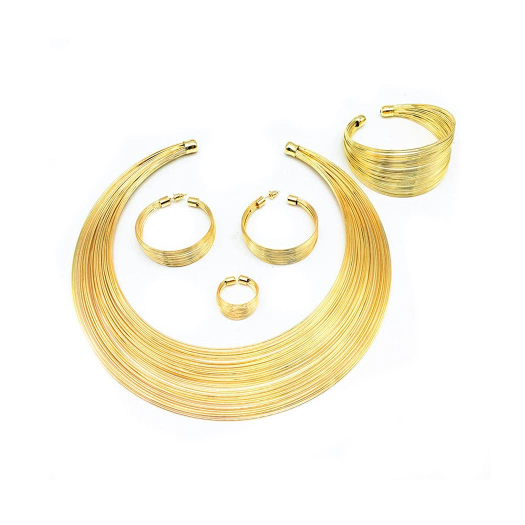 Fstrend Gold Plated African Bib Choker Necklace, Chunky Statement Bracelet & Earrings Set for Women & Girls – Perfect for Costume Parties, Weddings & Special Occasions