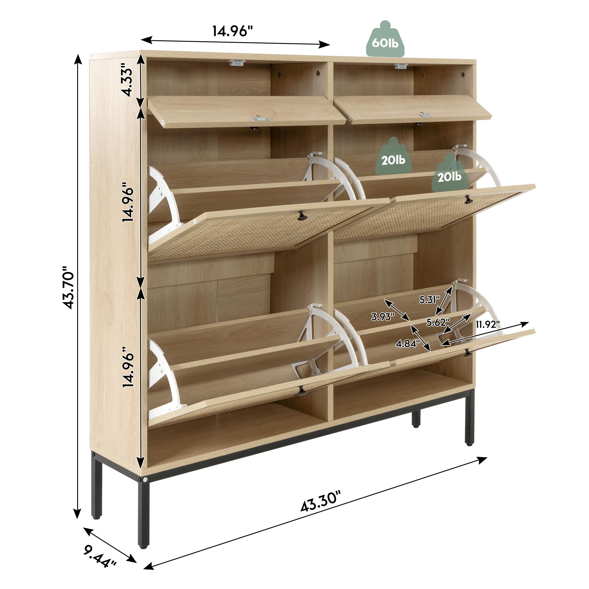 XIAO WEI Large Natural Rattan Shoe Storage Cabinet with 4 Flip Drawers, Freestanding Shoe Rack Organizer with Adjustable Shelf for Entryway, Living Room, Bedroom - Perfect for Home Organization and Space Saving