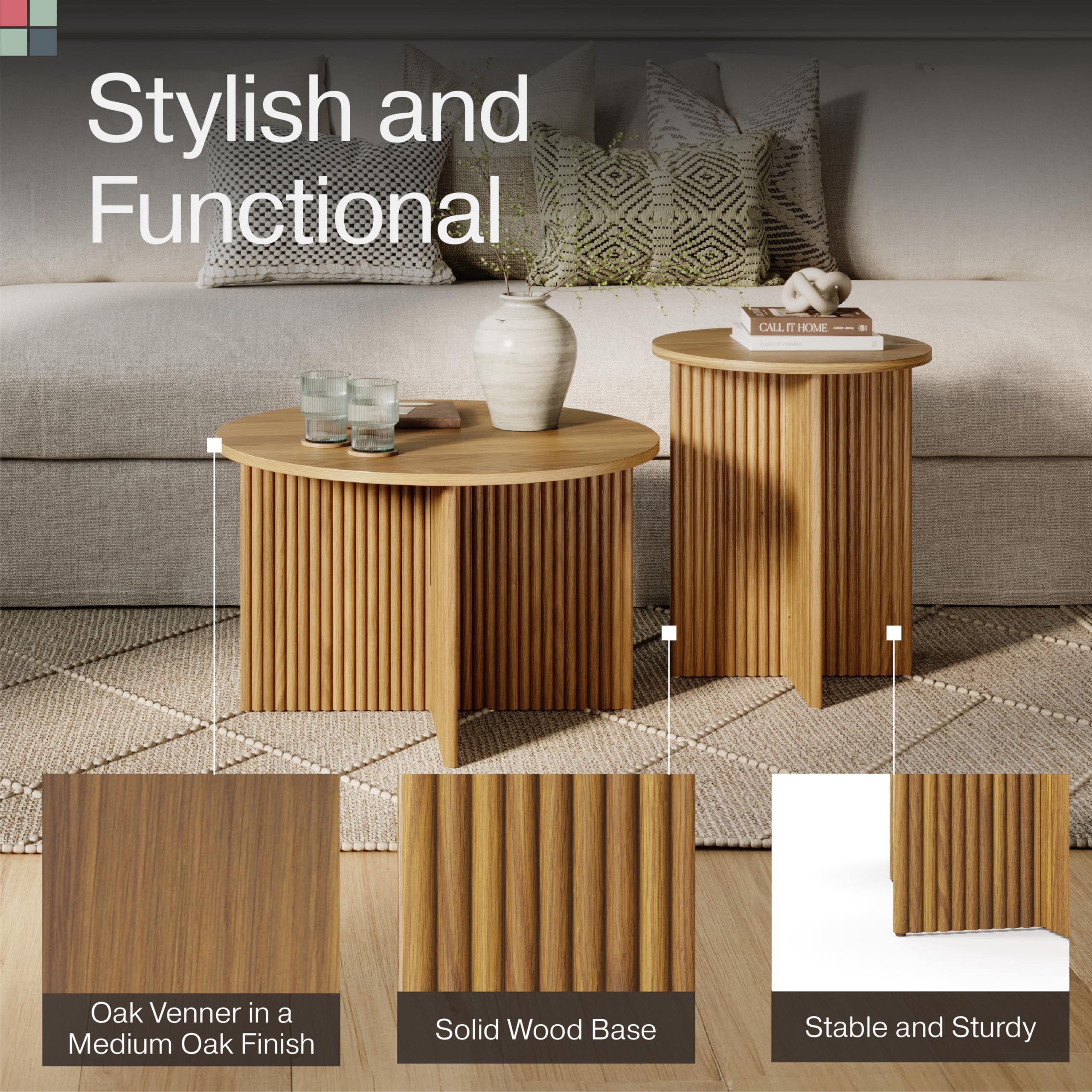 Modern Round Fluted Nesting Coffee Table Set of 2 - Solid Wood Base with Wood Grain Veneer Top in Medium Oak - Stylish Living Room Furniture for Small Spaces - Perfect for Coffee, Books, and Living Room Decor