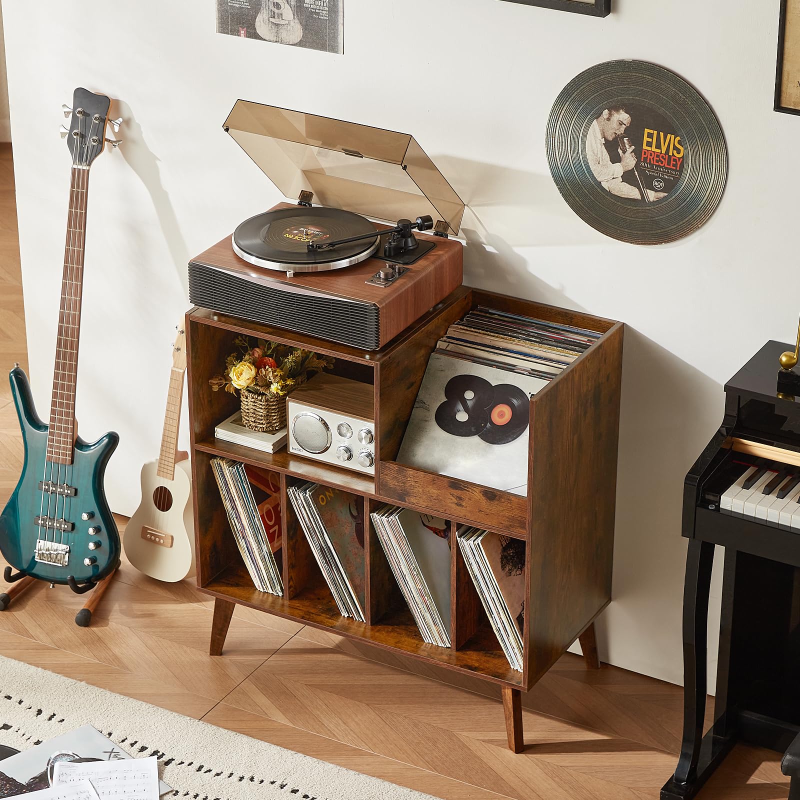 LELELINKY Large Wooden Record Player Stand with Storage - Holds 300 Vinyl Albums, Turntable Display Shelf for Living Room & Music Room - Perfect for Vinyl Collectors & Audiophiles (Brown)