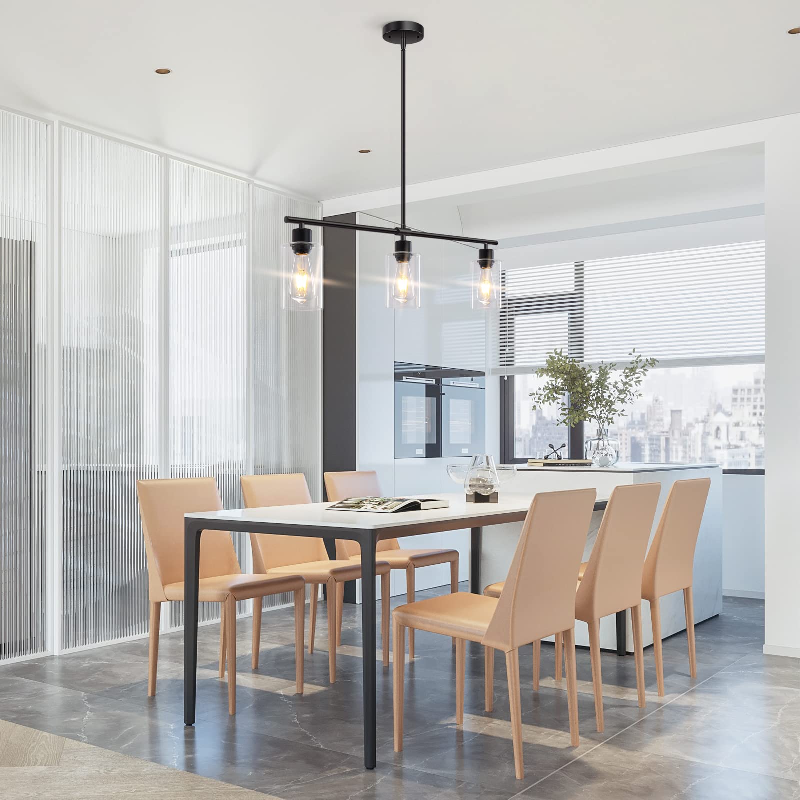 Modern Black 3-Light Linear Chandelier - Rectangle Pendant Lighting Fixture with Glass Shades for Kitchen Island, Dining Room & Farmhouse Decor | Perfect for Breakfast Nooks, Open Concept Kitchens and Rustic Dining Areas