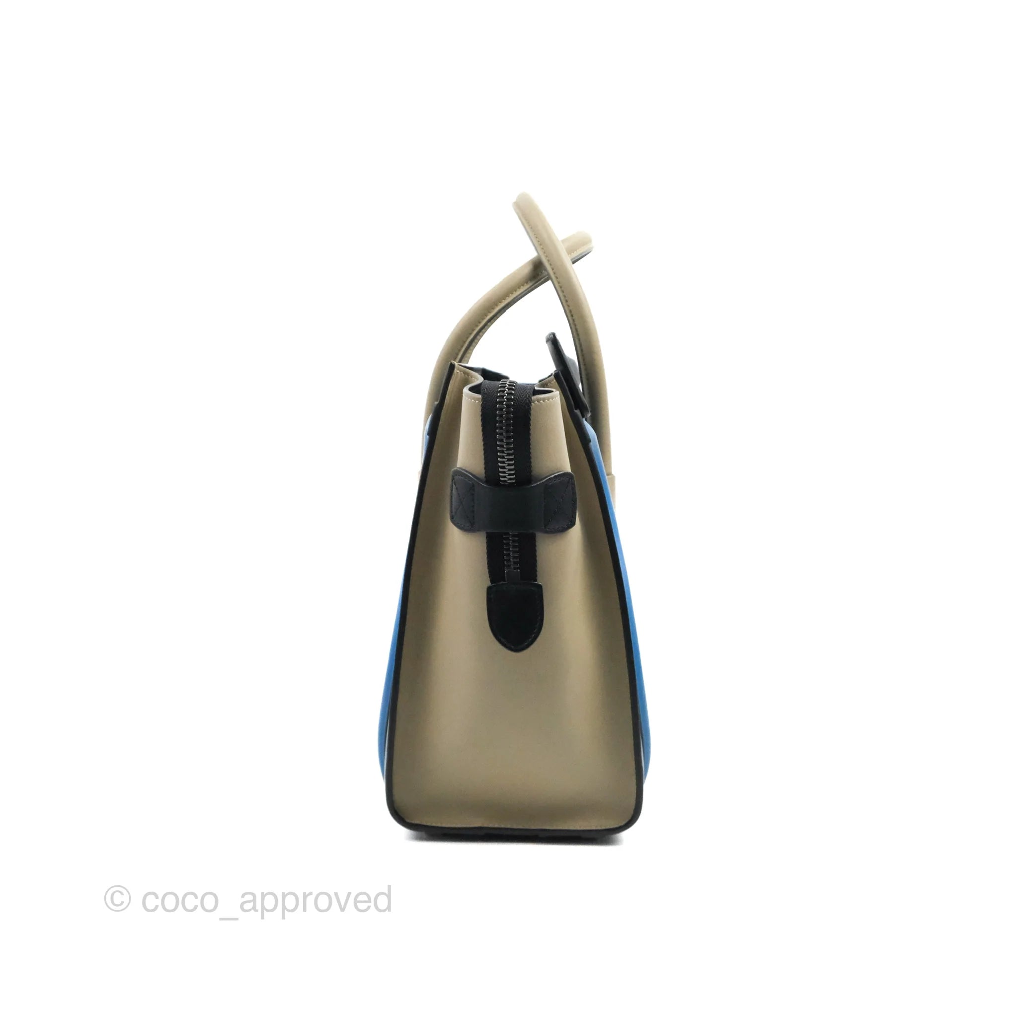 Celine Micro Luggage Bag in Taupe, Blue & Black Calfskin Leather - Perfect for Work, Travel & Everyday Luxury Handbag