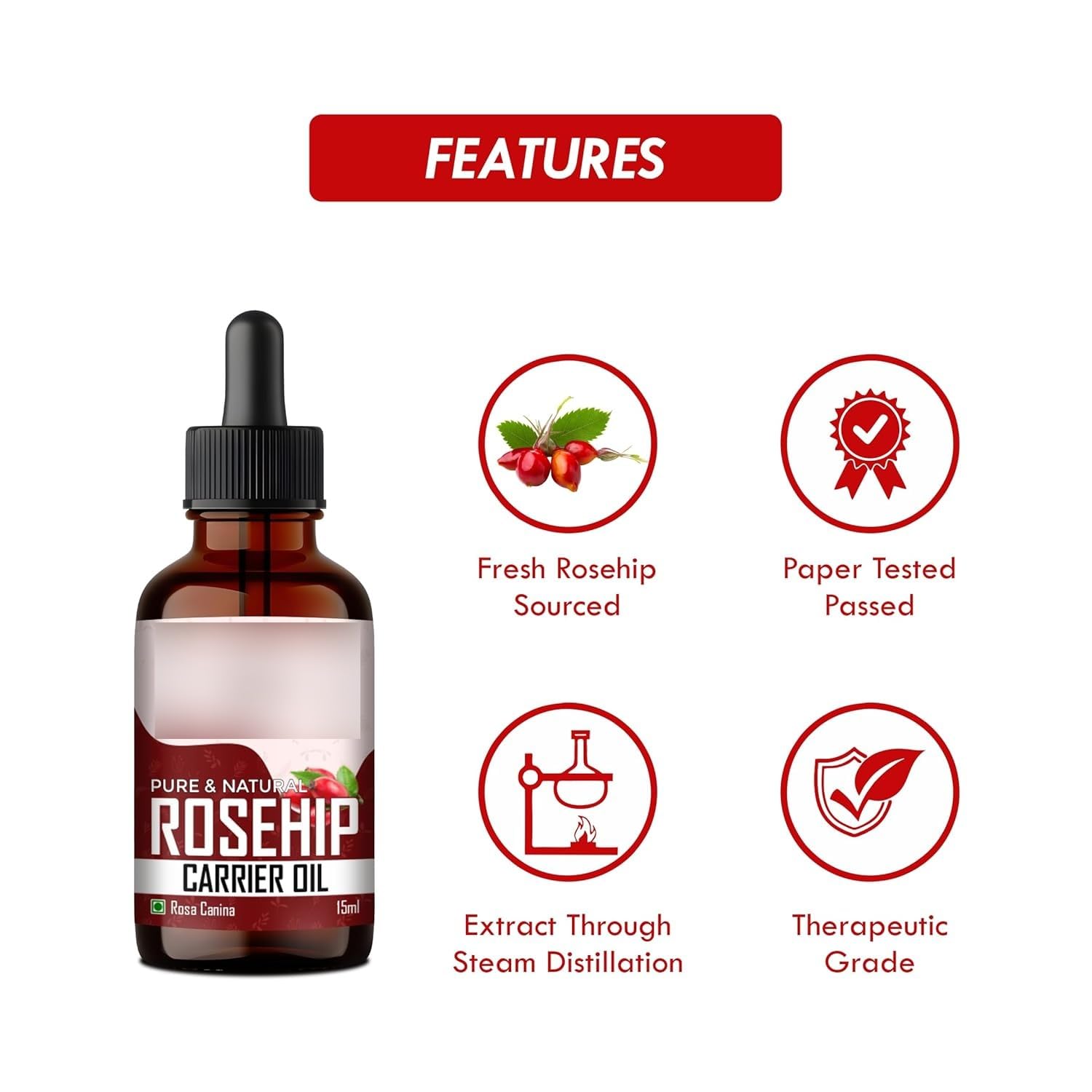 Organic Rosehip Oil for Face & Skin Care - Cold Pressed Rose Hip Oil for Men & Women - Hydrates Dry Skin, Reduces Wrinkles, Strengthens Nails & Hair - 15ml - Perfect for Night Routine, DIY Beauty & Natural Skincare