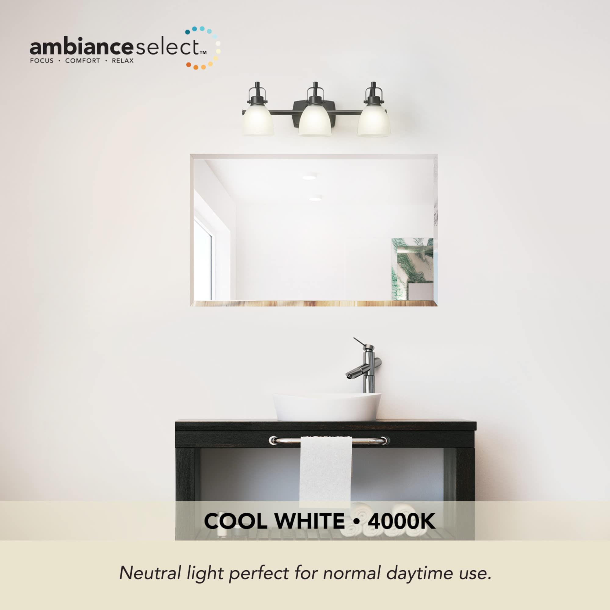 Globe Electric 52090 Gilroy 3-Light 25W LED Vanity Light with Adjustable Color Temperature (3000K-4000K-5000K) - Matte Black Finish, Frosted Glass Shades, 1780 Lumens, Energy Star Certified - Perfect for Bathroom, Dressing Room & Vanity Mirror Lighting