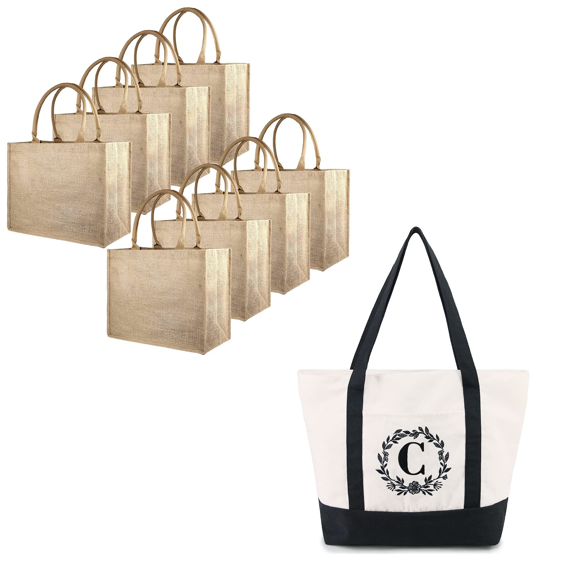 BeeGreen 8-Pack Extra Large Jute & Canvas Tote Bags with Inner & Front Pockets - 12oz Heavy Duty Personalized Embroidery Monogrammed Gift Bags for Shopping, Beach, Groceries & Reusable Grocery Bags