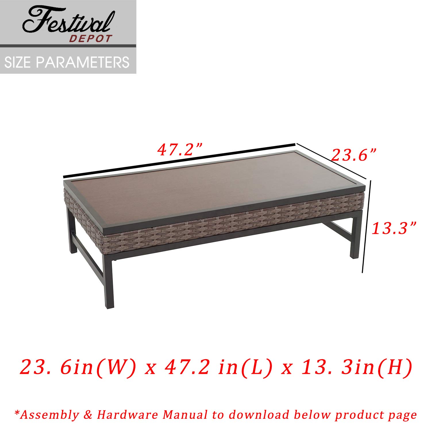 Festival Depot Metal Outdoor Side Coffee Table - Wood Grain Top Wicker Rattan Patio Furniture with Steel Legs in Brown/Black (Rectangle) - Perfect for Garden, Balcony, Living Room & Dining Area Decor