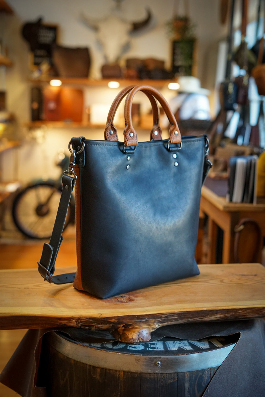 Stylish Two-Tone Pebbled Leather Handbag in Canyon Tan & Flat Black - Perfect for Work, Travel, and Everyday Use