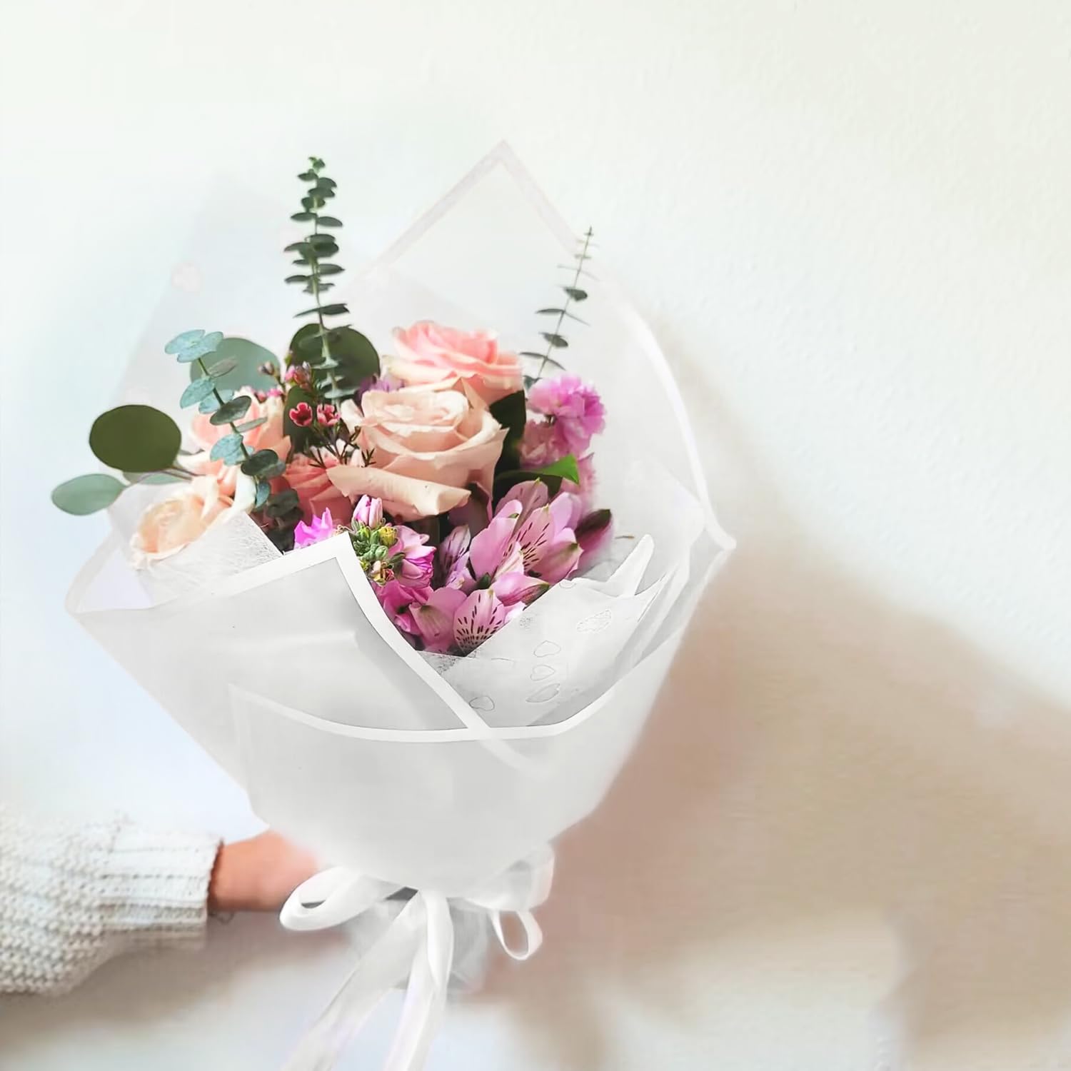 RUSPEPA 20 Sheets Waterproof Floral Wrapping Paper - White Bouquet Gift Wrap for Birthdays, Weddings, Parties & DIY Crafts | Florist Supplies for Flower Arrangements & Gift Packaging