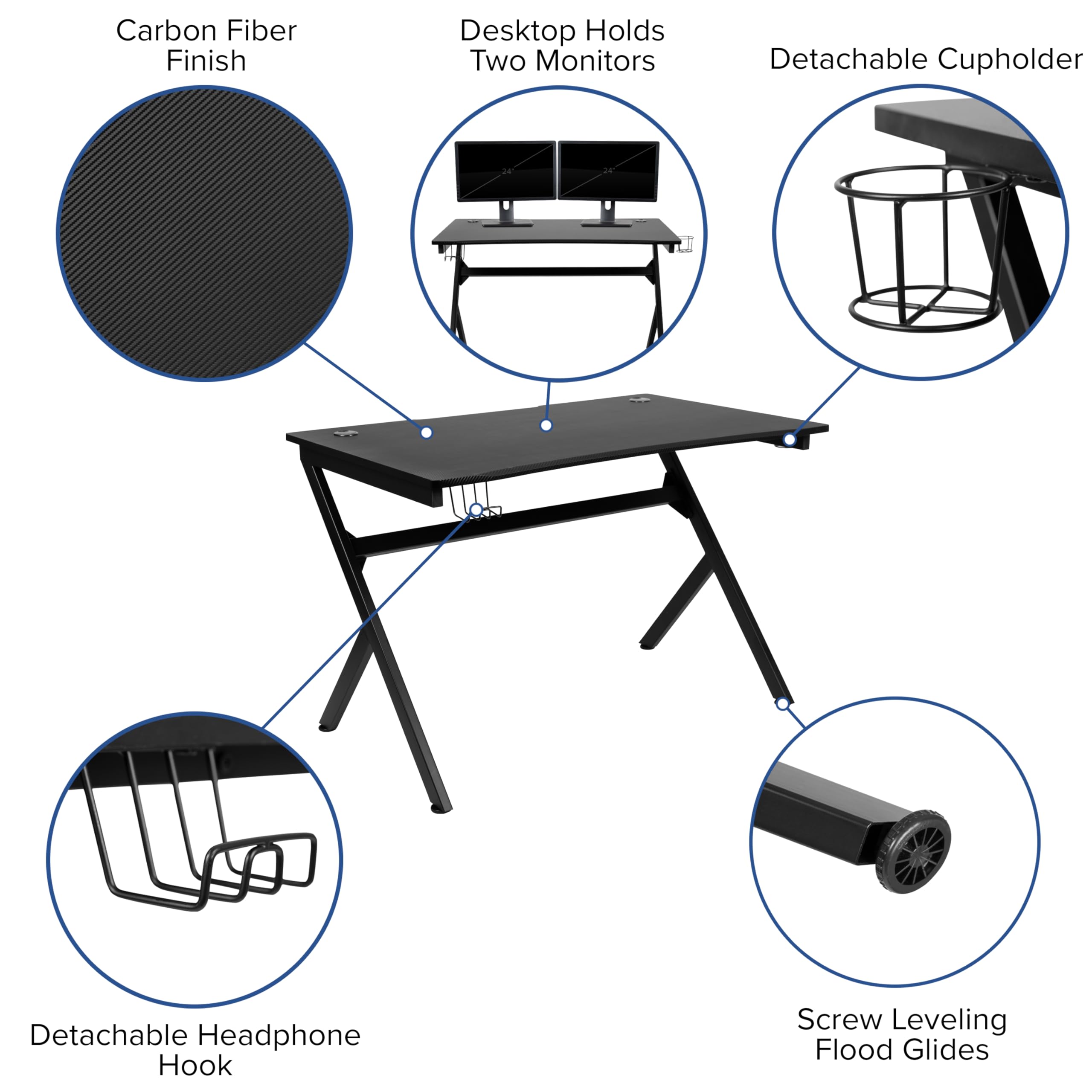 EMMA + OLIVER Black Pink Gaming Desk Bundle with Cup Holder & Headphone Stand - Cable Management System for PC Gaming Setup - Perfect for Home Office, Streaming & Esports Stations