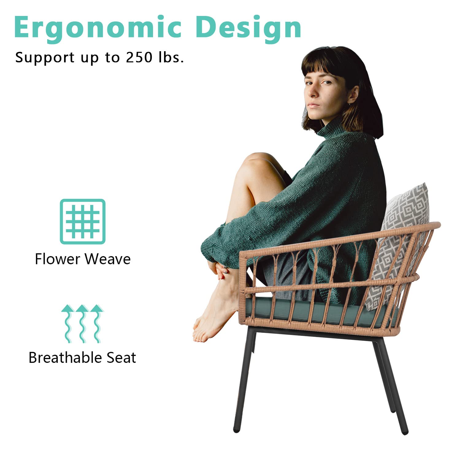 Wood-it 3-Piece Patio Furniture Set - Outdoor Bistro Conversation Set with Tempered Glass Coffee Table & Wicker Chairs - Perfect for Garden, Balcony, Backyard, Poolside & Patio (Green) - Ideal for Relaxing, Entertaining & Outdoor Dining