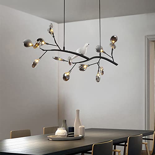 LITFAD 15-Light Black Acrylic Tree Branch LED Chandelier with Bird Decor - Modern Nordic Hanging Light Fixture for Dining Room, Restaurant, Bedroom - Perfect for Creating Cozy Ambiance in Home Decor and Commercial Spaces