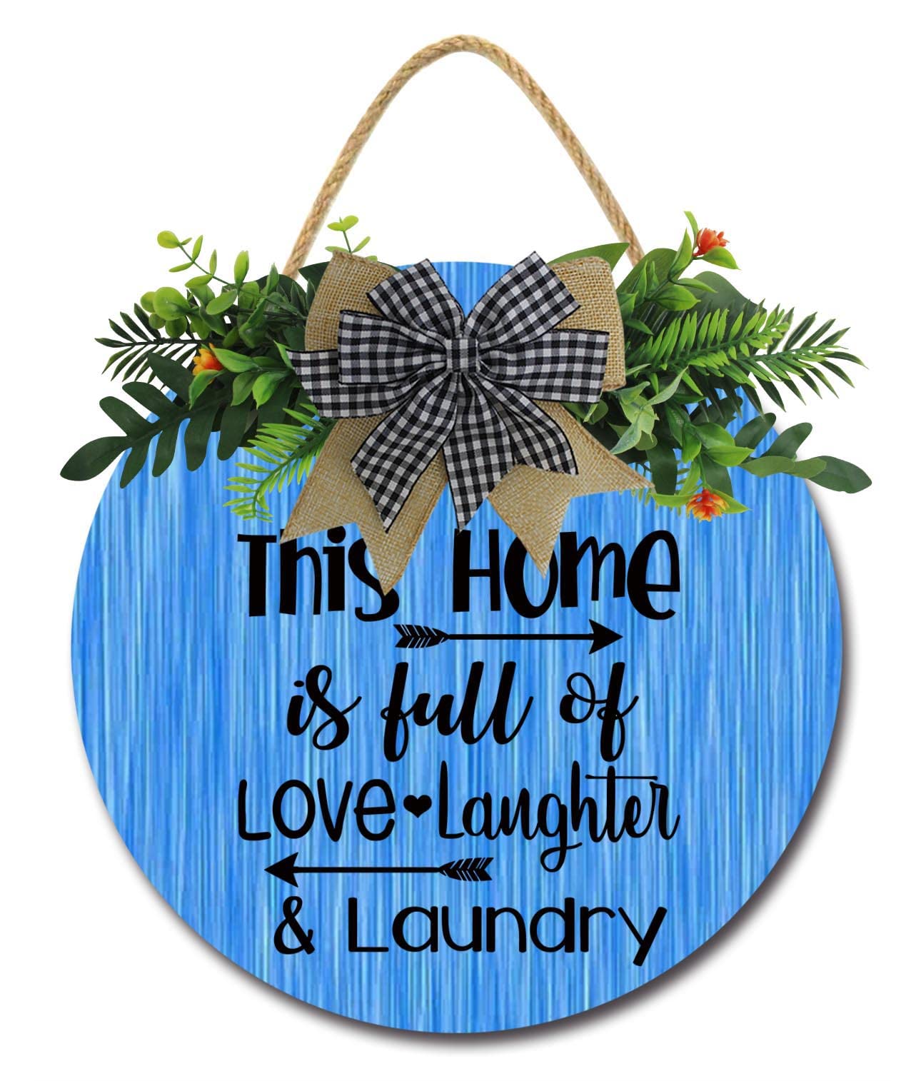12x12 Vintage Wooden Laundry Room Wreath Decor - Round Hanging Sign with Ribbon Bow & Artificial Green Leaves - Perfect for Farmhouse, Wash House & Laundry Room Decor - Ideal for Wall Decor, Home Styling & Gift Giving