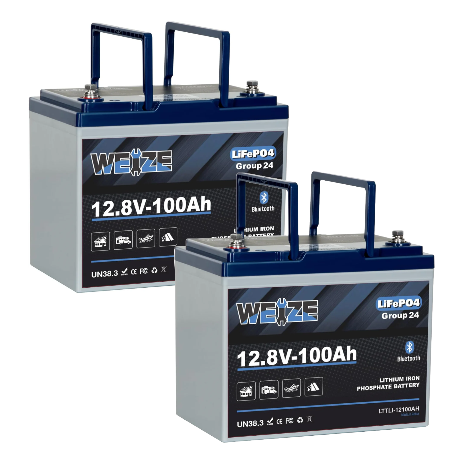 WEIZE 12V 100Ah Bluetooth LiFePO4 Lithium Deep Cycle Battery - Group 24 Size for RVs, Solar Systems & Marine Use - Built-in Bluetooth for Battery Monitoring