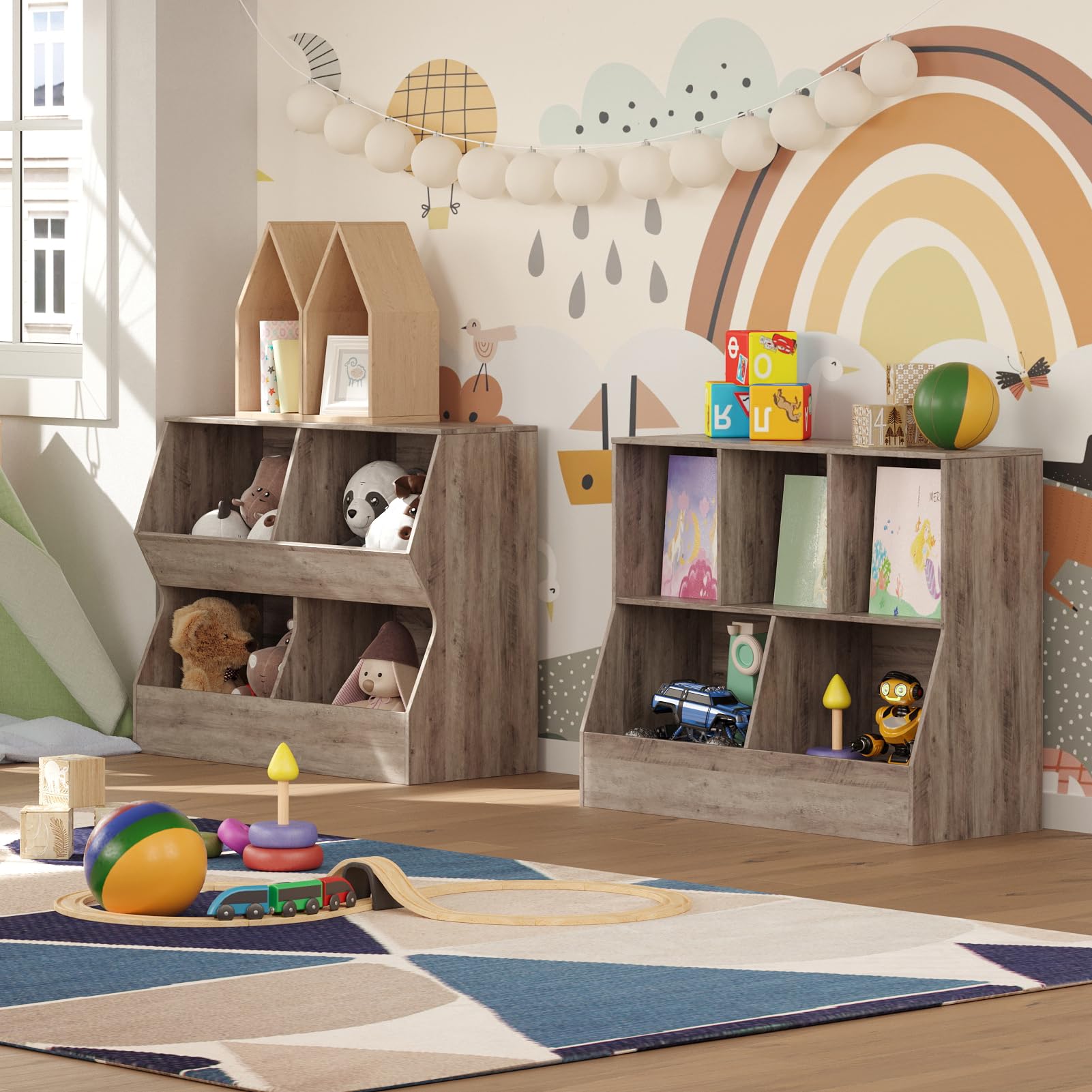 DINZI LVJ 5-Cubby Wooden Toy Storage Organizer & Kids Bookshelf - Greige, 35.4