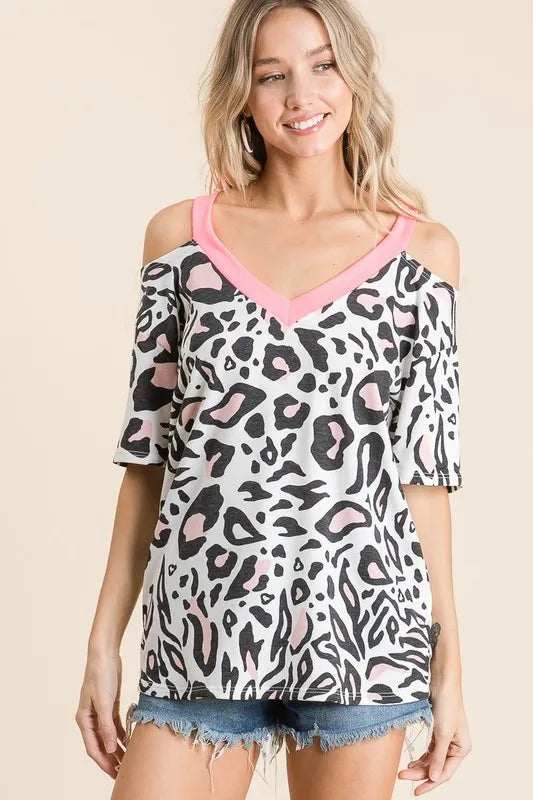 Stylish BiBi Leopard Print Women's Top with Sexy Shoulder Cut Out Design - Perfect for Night Out, Party, and Casual Wear